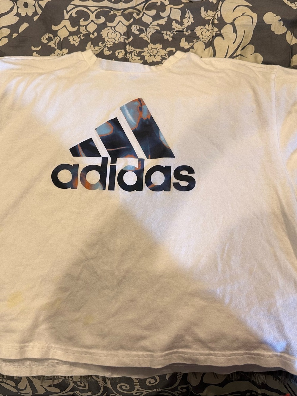adidas White Crop Tee with Blue and Orange Marbled Logo
